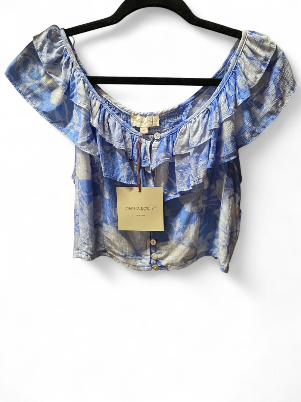 NEW Cynthia Rowley Blue & Cream Floral Off-Shoulder Ruffle Crop Top